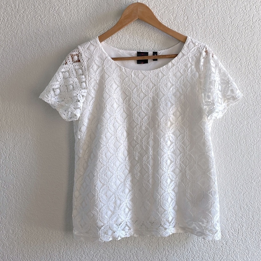 Rafaella White Lace Overlay Open Knit Lined Short Sleeves Top Size Medium